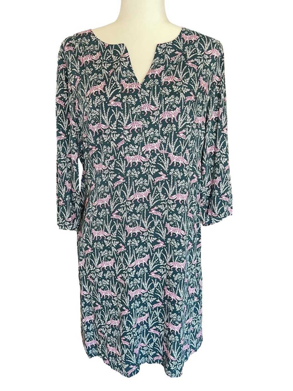 BODEN Alexandra Dress Fox & Rabbit Print Whimsical Wonderland Kitsch 10P Forest